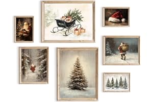TWNSLLA Vintage Wall Art Set of 7,Vintage Christmas Wall Decor,Moody Snowy Landscape Painting Winter Wall Art,Reindeer Pine Tree Santa Claus Art Prints,Retro Christmas Pictures Wall Decor Living Room Bedroom,Unframed