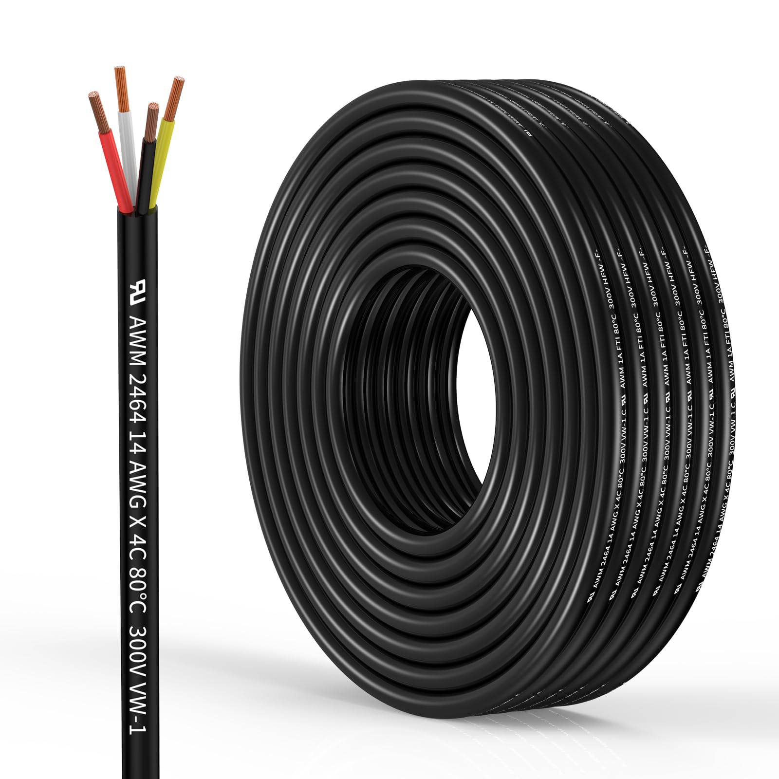14 Gauge 4 Conductor Electrical Wire Oxygen-Free Copper Cable 50FT/15.3M Flexible Low Voltage Cable for LED Strips Lamps Lighting Residential Wiring car Circuit(14/4AWG-50FT) Image