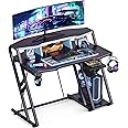 MOTPK Gaming Desk with Storage Shelf 39 inch, Computer Desk with Monitor Shelf, Gaming Table with Carbon Fiber Surface, Gamer Desk with Cup Holder & Headphone Hook, Gift for Boys Men, Black