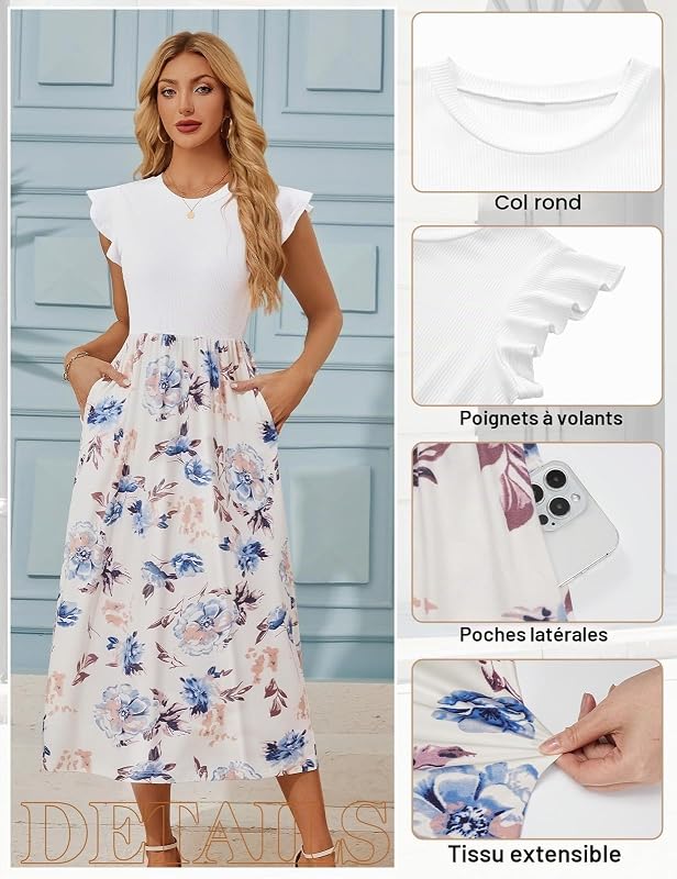 Robe Longue Femme Robe Été Elegant Haut Taille Col Rond Manches Courtes Robes Casual Plage Vacances Mariage Invitée Soiree avec Poches (Bleu Clair Floral, M)
