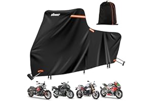 SRIMMIT Motorcycle Cover Waterproof Outdoor,420D Motorcycle Cover Heavy Duty,Silver Nano Coating,5 Reflective Strips,2 Air Vents,3 Windproof Buckles,Lock Holes,Antenna Zipper 2XL(Black 96"x43.3"x55")