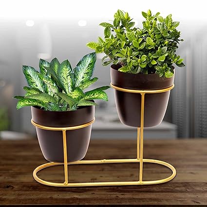Urban Plant Stylish, Contemporary Design Metal Double Planter with Golden Stand (2 Piece Set) (Black)