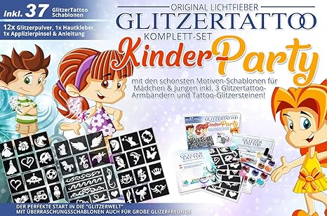 Lichtfieber Glitzertattoos Glitzer-Tattoo Set -Kinder Party- für Mädchen & Jungen mit 37 Schablonen / Motiven, 12 Farben, Kle