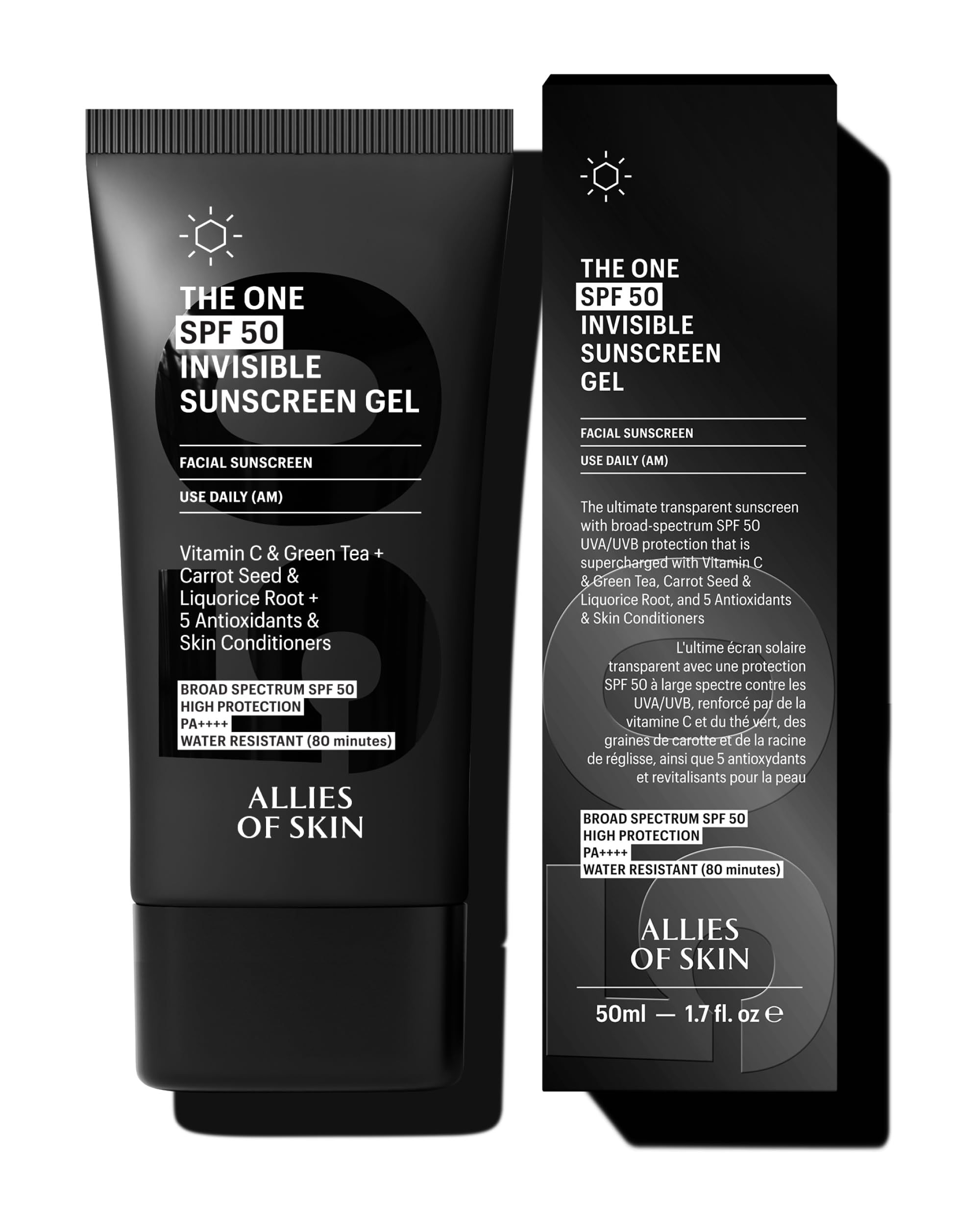 Allies of Skin - The One SPF 50 Invisible Sunscreen Gel with Vitamin C, Green Tea, Carrot Seed, Red Raspberry Seed Oil & Licorice Root, and 5 Antioxidants & Skin Conditioners. 50 ml/ 1.7 oz