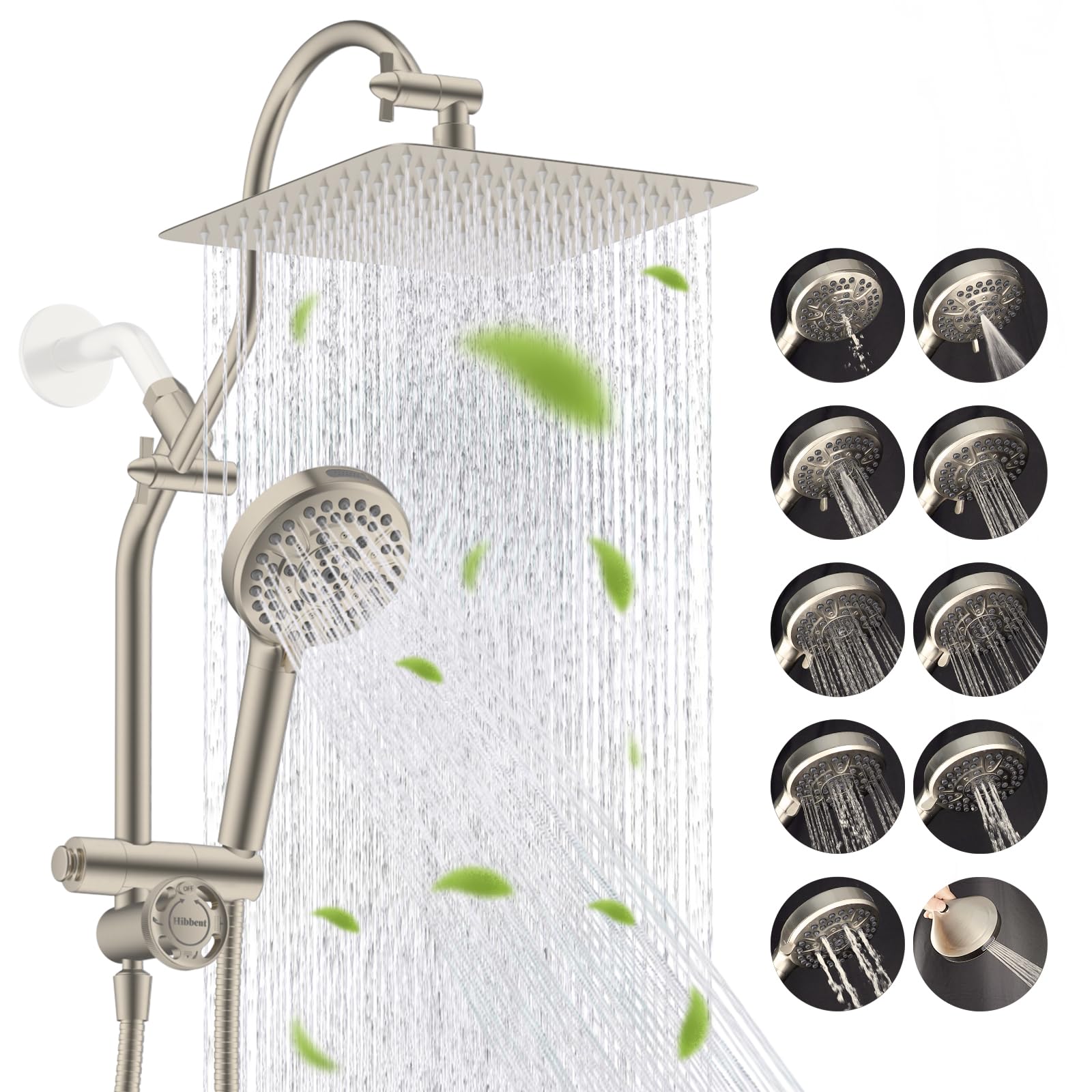 Photo 1 of Hibbent Upgraded All Metal 10"Rainfall Showerhead Combo, High Pressure Shower Head with 10-Spray Mode Handheld, Innovative 4-way Diverter with Pause Mode, 71'' Shower Hose & Holder, Brushed Nickel