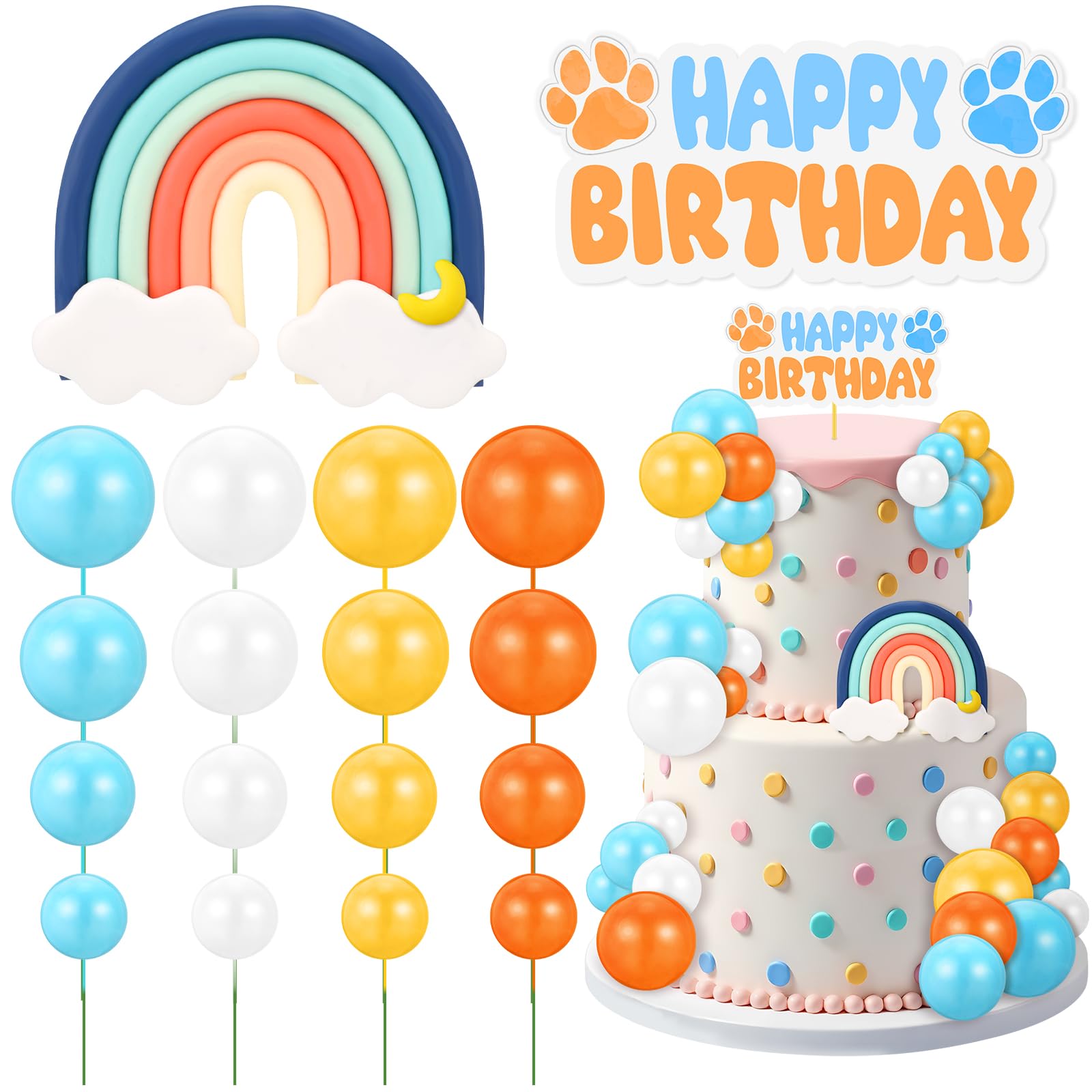 Photo 1 of 30 Pcs Blue Rainbow Cake Toppers with Blue Orange Ball Happy Birthday Cake Toppers for Birthday Wedding Party Supplies