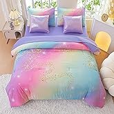 Rainbow Bedding Set Full Size – 7 Piece Reversible Girls Comforter with Deep-Pocket Sheet, Gradient Galaxy Design, Whole-Piece Filling, Machine Washable Bed-in-a-Bag for Kids Room Makeover & Gifts