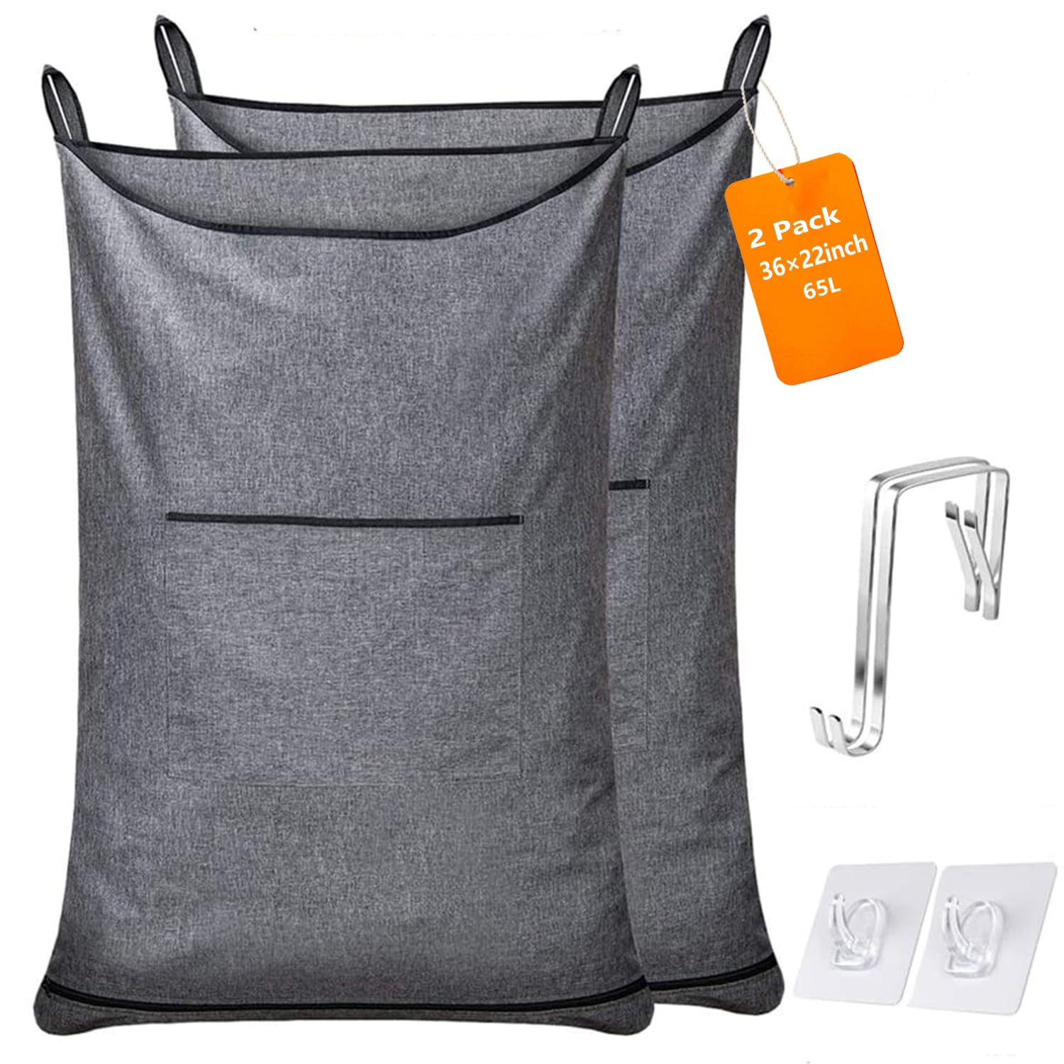 KINGSUSLAY Hanging Hamper, Hanging Basket with Hooks, Space Saving Laundry Bag and Over The Door Laundry Bag (Pop Heather Grey, 2Pack)