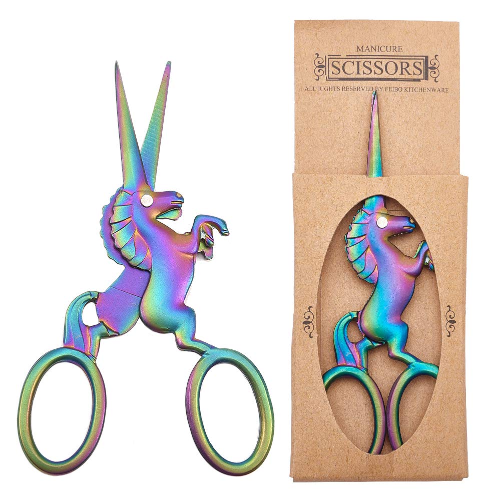 SUNNYCLUE Unicorn Embroidery Needlework Scissors-4.5 Inch Stainless Steel Embroidery Scissors for Fabric Cutting, Dressmaking, Beard, Nose Trimming, Unicorn Scissors, Crane Design