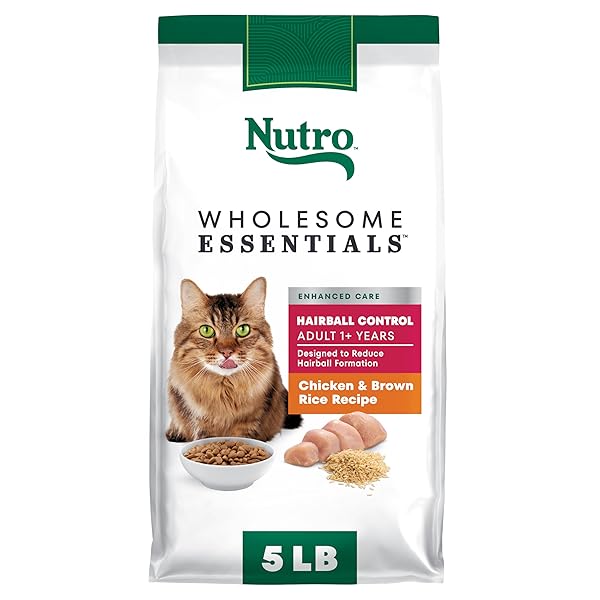 NUTRO WHOLESOME ESSENTIALS HAIRBALL CONTROL CAT FOOD DRY CHICKEN & BROWN RICE RECIPE, DRY CAT FOOD FOR ADULTS, 5 LB. BAG