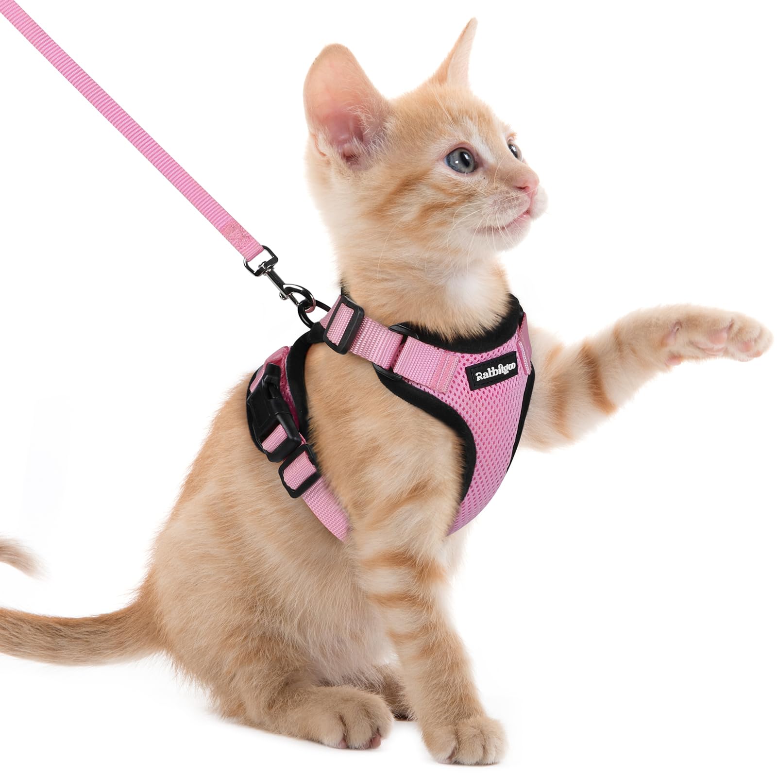 rabbitgoo Cat Harness and Lead Set, Adjustable Escape Proof Cat Lead for Walking, Reflective Kitten Harness Set, Soft and Comfortable for Kittens and Small Cats, Pink, XXS