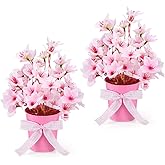 Suncalla 2 Pack Small Artificial Cherry Blossom Plant in Pots Faux Flower Potted Plants Pink Arrangement Rustic Home Decor 7.9" Tall for Sakura Japanese Table Centerpiece Windowsill Indoor Decor
