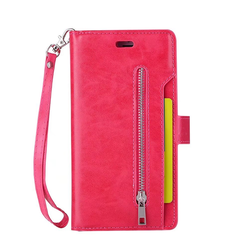 For iPhone 6S Plus Case, iPhone 6 Plus Magnetic Zipper Premium PU Leather Multifunctional Case with Purse Wallet Cover Stand Cash Card Holder Slot Hand Wrist Strap Design Folio Flip Case (Rose)
