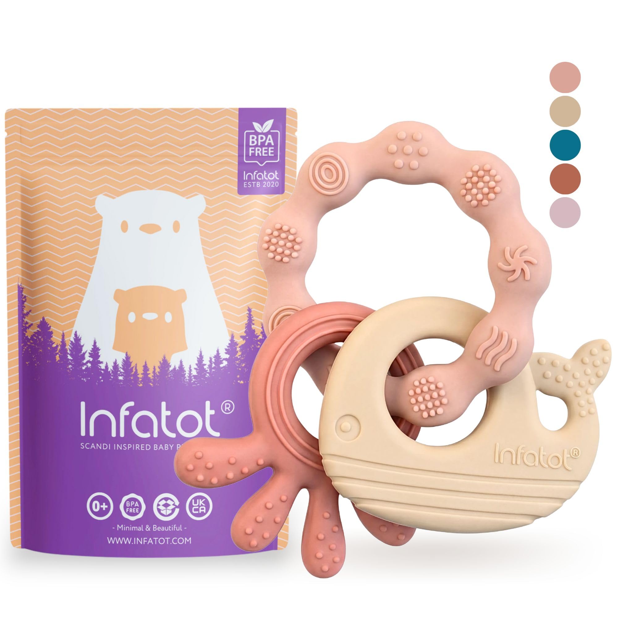 Infatot® Premium Silicone Teething Toys Baby 0–6 Months – Whale & Octopus BPA-Free Teether, Multi-Texture Sensory Chew Toy, Easy Grip, Gum Relief, Newborn Gift, Plum & Milk