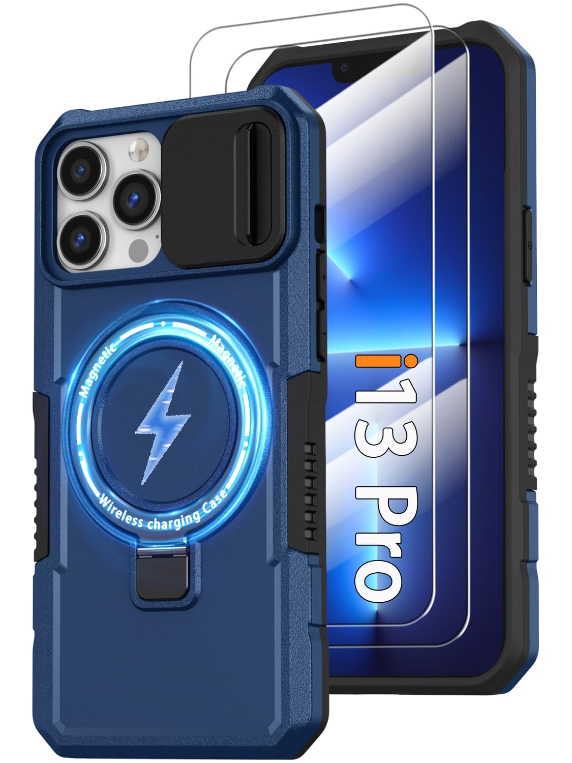 Photo 1 of Magnetic Case for iPhone 13 Pro, with Ring Stand [2X Glass Screen Protector] [Compatible with MagSafe] Military Grade Case with Camera Cover, Heavy Duty Shockproof Cover for iPhone 13Pro 6.1 inch,Blue