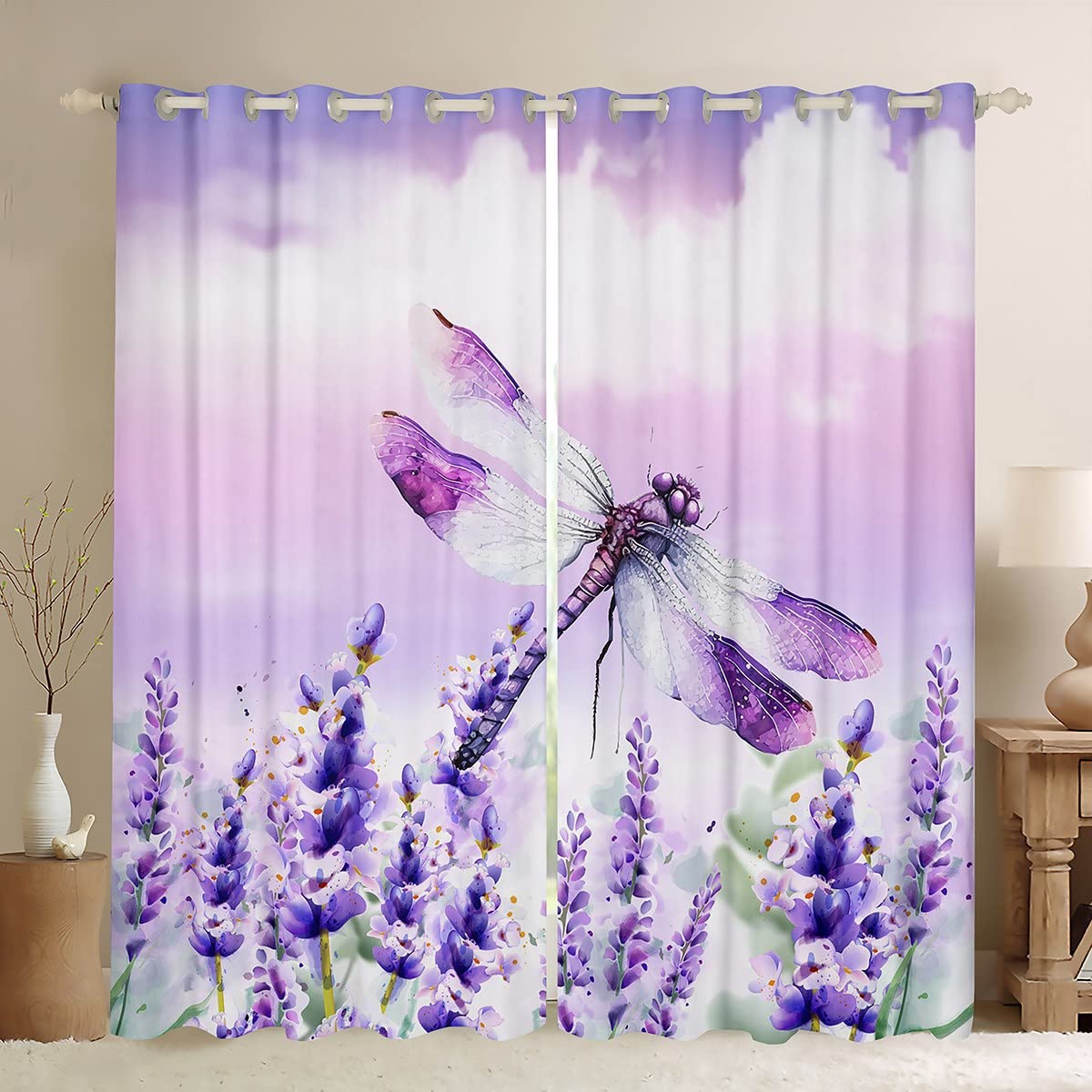 Manfei Dragonfly Blackout Curtain Lavender Flower Window Drapes for Kids Boys Girls Room Decor, Botanical Floral Print Window Treatments Grommet Top 2 Panel Set Bedroom Curtains, 66Wx72L inch