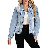 LifeShe Denim Jacket for Women Basic Fitted Distressed Jean Jackets Spring Ripped Shacket Coats Trendy