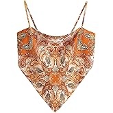 Women's Boho Paisley Print Satin Bandana Top Hanky Hem Tie Back Adjustable Spaghetti Strap Cami Tube Tops