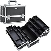 FRENESSA Makeup Train Case Makeup Case 12.6 Inch Large Cosmetic Box Organizer Travel Storage Professional Make Up Train Carrying Case with 6 Trays Locking Shoulder Strap Hard Vanity Storage Black