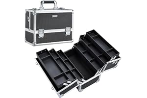 FRENESSA Makeup Train Case Makeup Case 12.6 Inch Large Cosmetic Box Organizer Travel Storage Professional Make Up Train Carrying Case with 6 Trays Locking Shoulder Strap Hard Vanity Storage Black