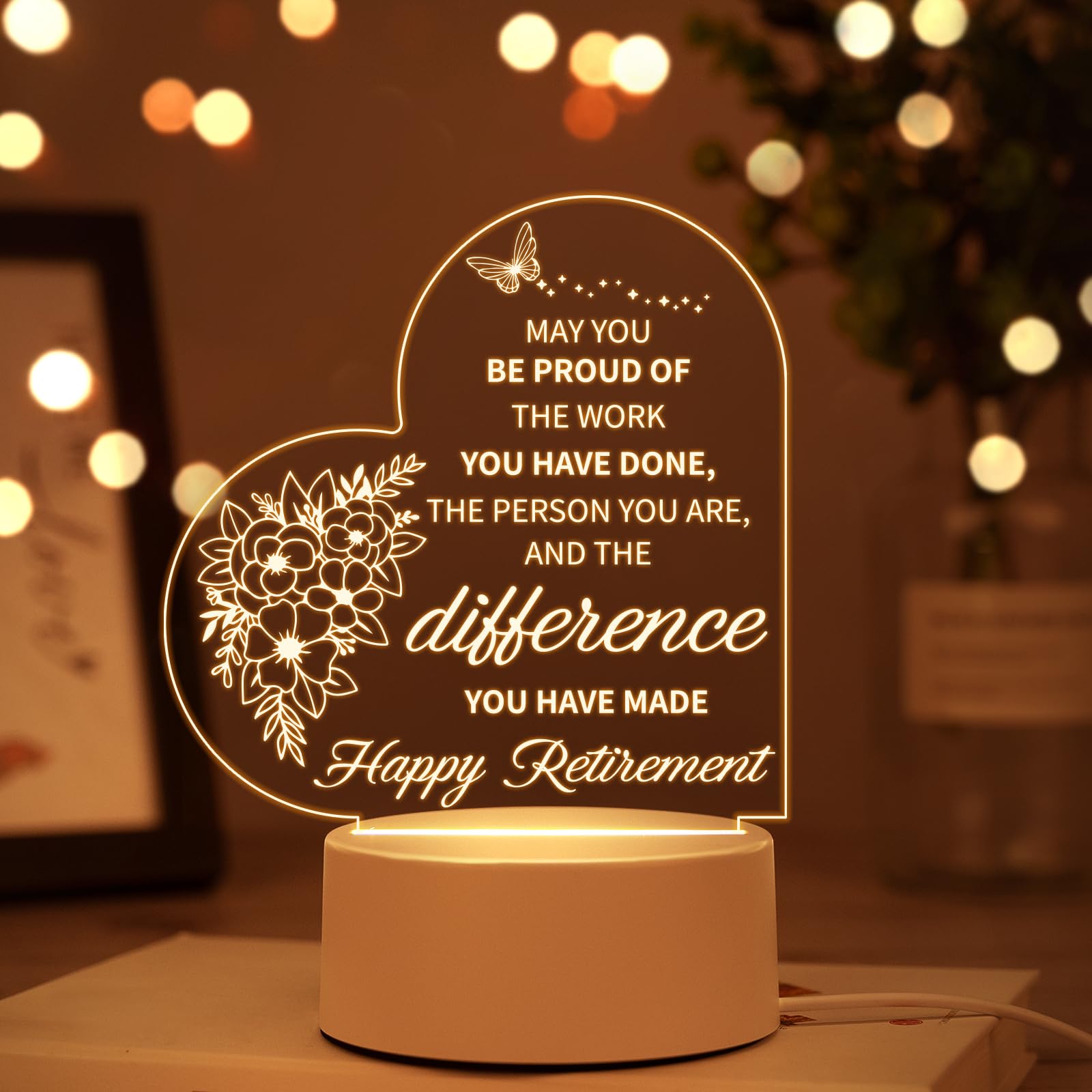 Heart-Shaped Retirement Gift Lamps for Women, Thank You Leaving Gifts Night Light, Retiring Presents Ideas, Happy Retiring Gift for Teacher Nurse Friend Colleagues, Acrylic with LED Warm White Light
