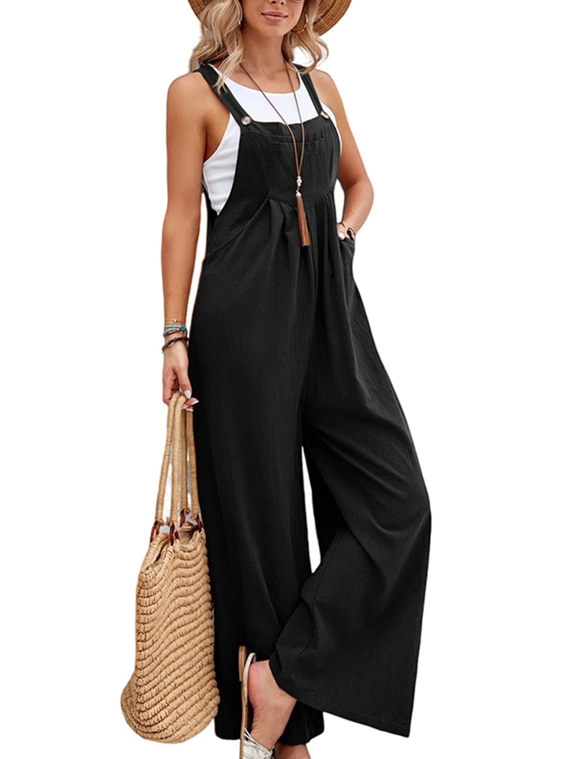 Photo 1 of Zontroldy Bib Overalls Women Cotton Loose Summer Wide Leg Pants Jumpsuit Rompers for Women(0970-Black-XL)