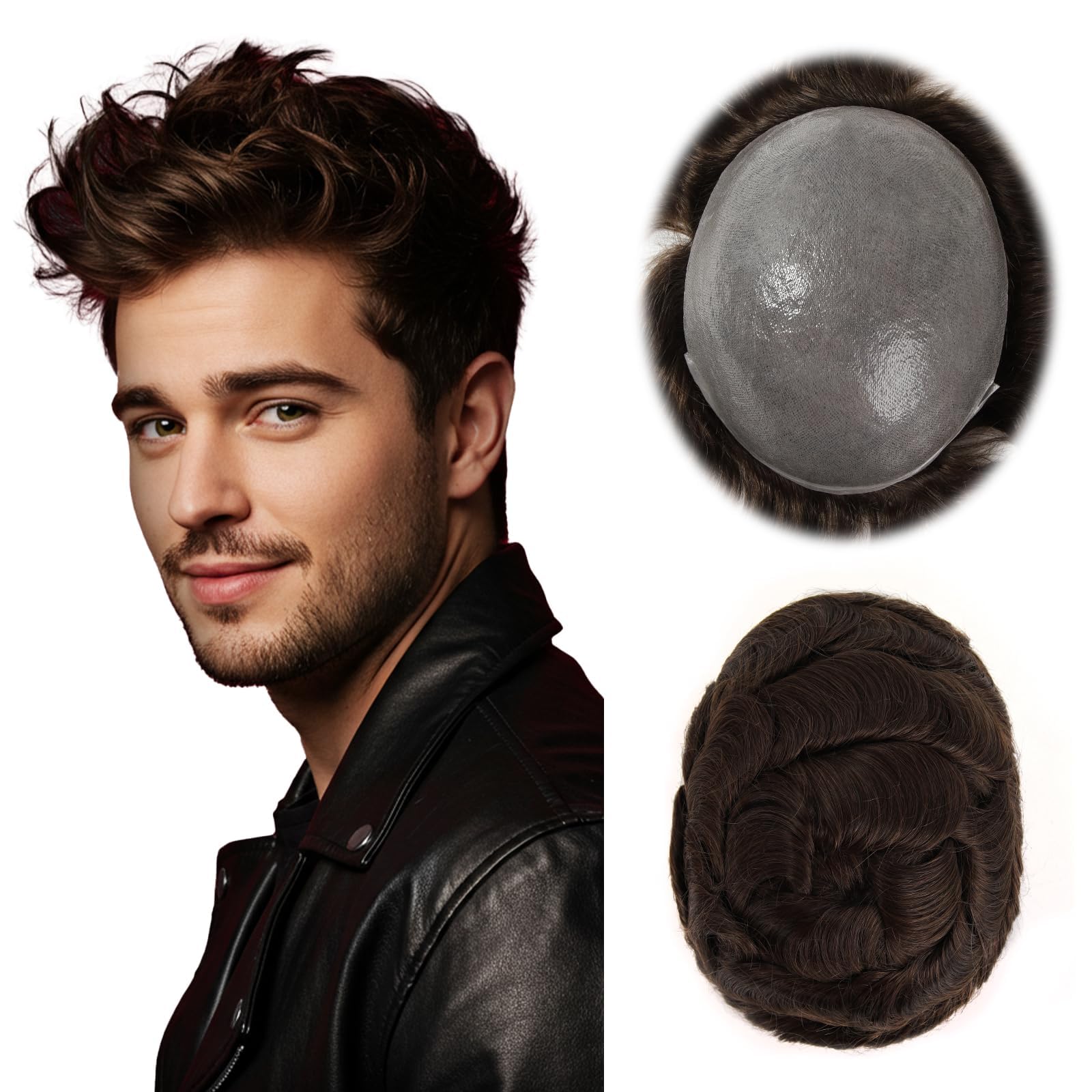 Photo 1 of ROSELOVER 8x10 Inch PU Thin Skin Toupee for Men - 0.03mm Human Hair Replacement System,Natural Look Hair Prosthesis Units for Men, Durable & Breathable Hairpiece,Light Brown