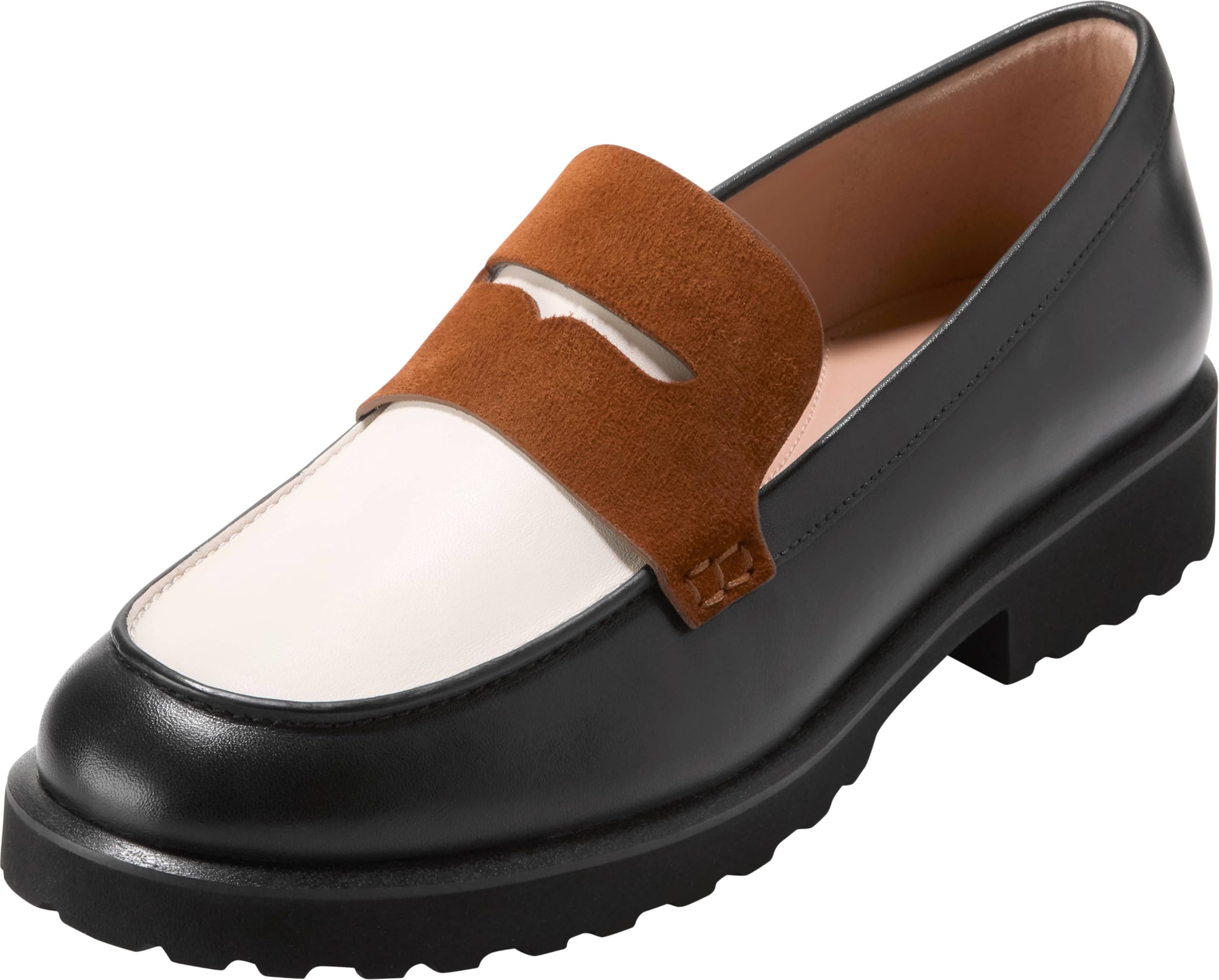Cole Haan Women’s Gwendolyn Penny Loafers, Black Leather/Ivory/Tobacco Suede, 9.5-B US