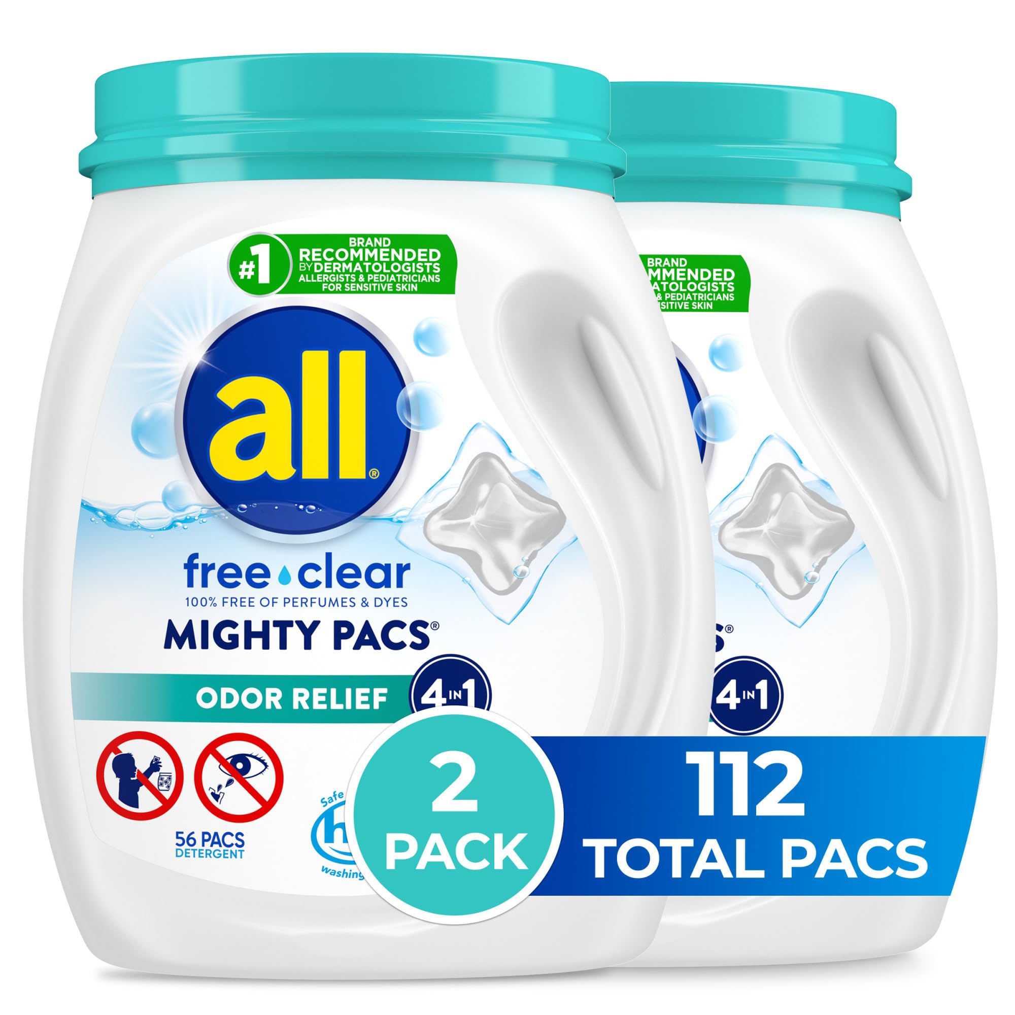 All Mighty Pacs Laundry Detergent, Free Clear Odor Relief, Tub, 56 Count (Pack of 2), 112 Total Loads