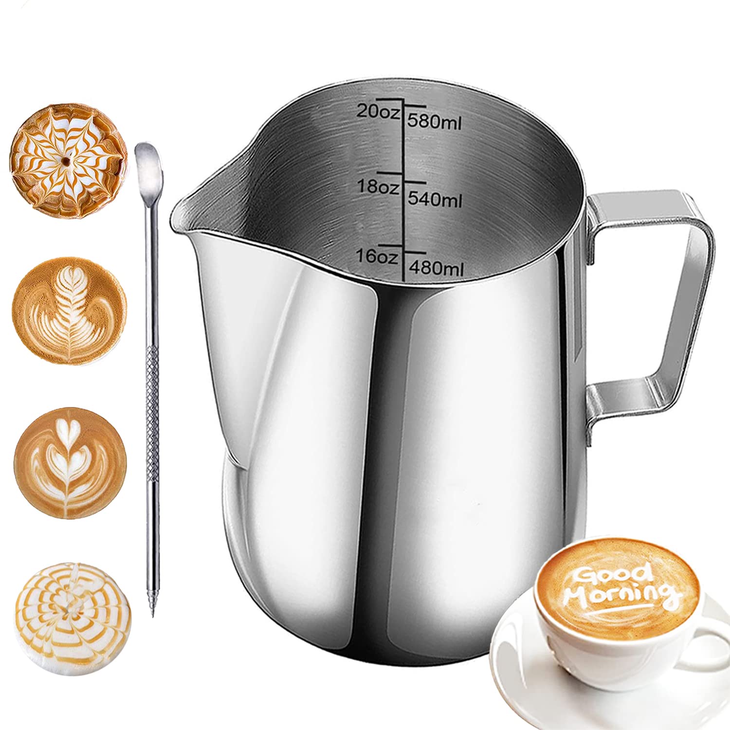 Panlom Milk Frothing Pitcher, 350ml/600ml/12oz/20oz Stainless Steel Coffee Creamer Milk Coffee Milk Jug Cup with Measurement Mark, Espresso Steaming Pitcher, Mate Finish (600ml/20oz)