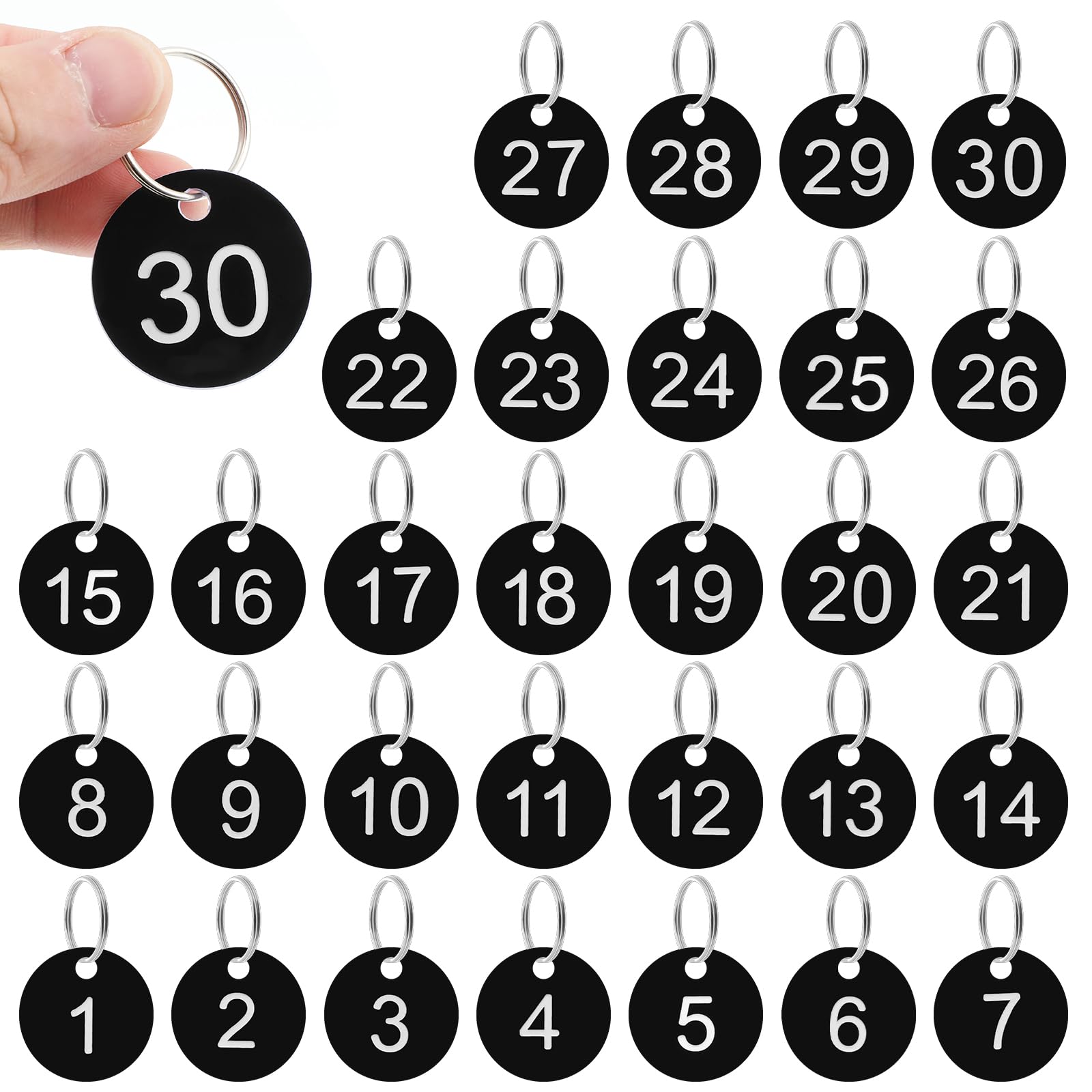 Photo 1 of 1-30 Plastic Number Tags with Rings, Black Number Tags with Holes, Numbers Tag for Live Sale, Marking Distinguish Tag for Dormitory, Event, Box Cabinet Lockers