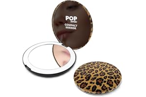POP SONIC Circle LED Compact Mirror - Adjustable Brightness Light Up Travel Mirror w/ 1x/5x Magnifiers - Portable Makeup Mirror w/LED Lights (Leopard)