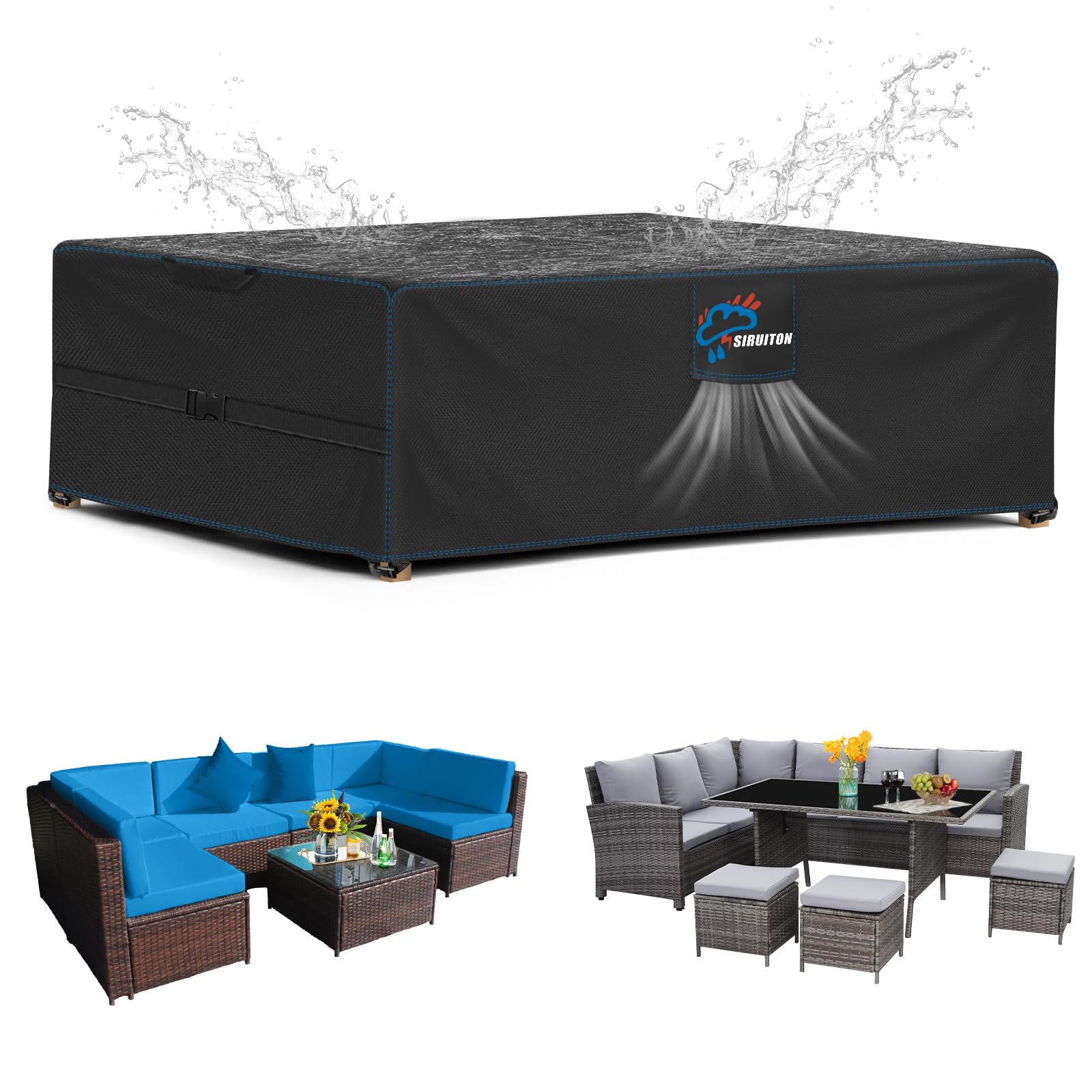 SIRUITON 213x132x74cm Garden Furniture Cover, Patio Garden Table Cover with Air Vent Waterproof, Windproof, Anti-UV, Heavy Duty 420D Oxford Fabric, Rectangular Black