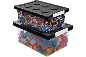loobuu Plastic Storage Bins with Lids - Stackable Toy Storage Organizer Box Set of 2, Kids Toy Chests with Compatible Building Baseplate and Lid, Storage Container for Building Bricks & Toys- Black