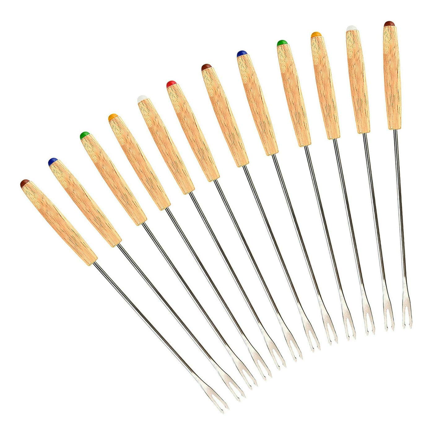 GuDoQi Stainless Steel Fondue Forks, Set of 12, Roasting Sticks Marshmallow, Heat Resistant Oak Wooden Handle, Fruit Chocolate Fountain Cheese Forks (24cm)
