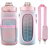 Half Gallon Water Bottle with Sleeve & Strap 64 OZ Motivational Water Bottles with Straw Large Wide Mouth Water Jug with Time Marker for Fitness, Gym and Outdoor Sports, Leak-proof & BPA Free,