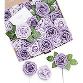 Ling's moment Artificial Flowers 50Pcs Dusty Violet Roses Decor w/Stems,3" Real Touch DIY Foam Floral for Wedding Bouquet/Centerpieces, Outdoors Party Backdrop, Room/Table, and Garden/Pot Decorations