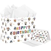 SolarGlory Cat Birthday Gift Bag - Large Happy Birthday Gift Bags with Card & Tissue Paper(Wrapping Paper), White Feline Party Favors for Cat Lovers & Kids Bday Decorations Supplies 11.8x5.3x9.4 Inch
