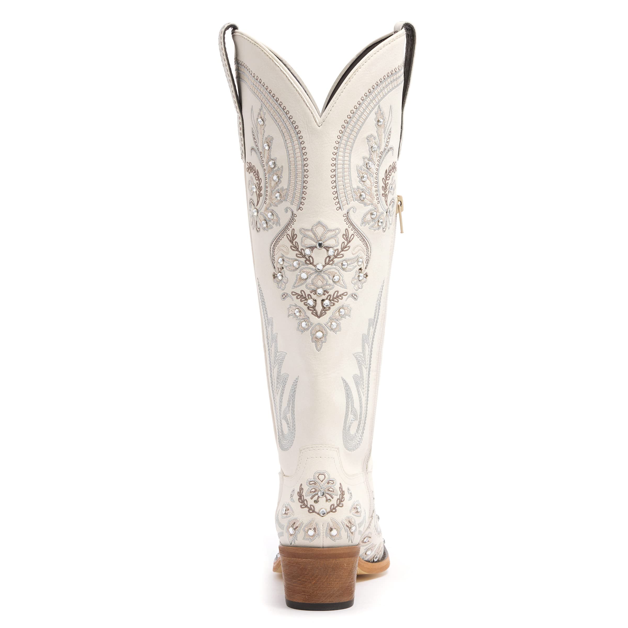 Western Cowboy Boots for Women Embroidered Rhinestones Knee High Cowgirl Boots Pointed Toe Chunky Heel Fashion Retro Classic Tall Boot