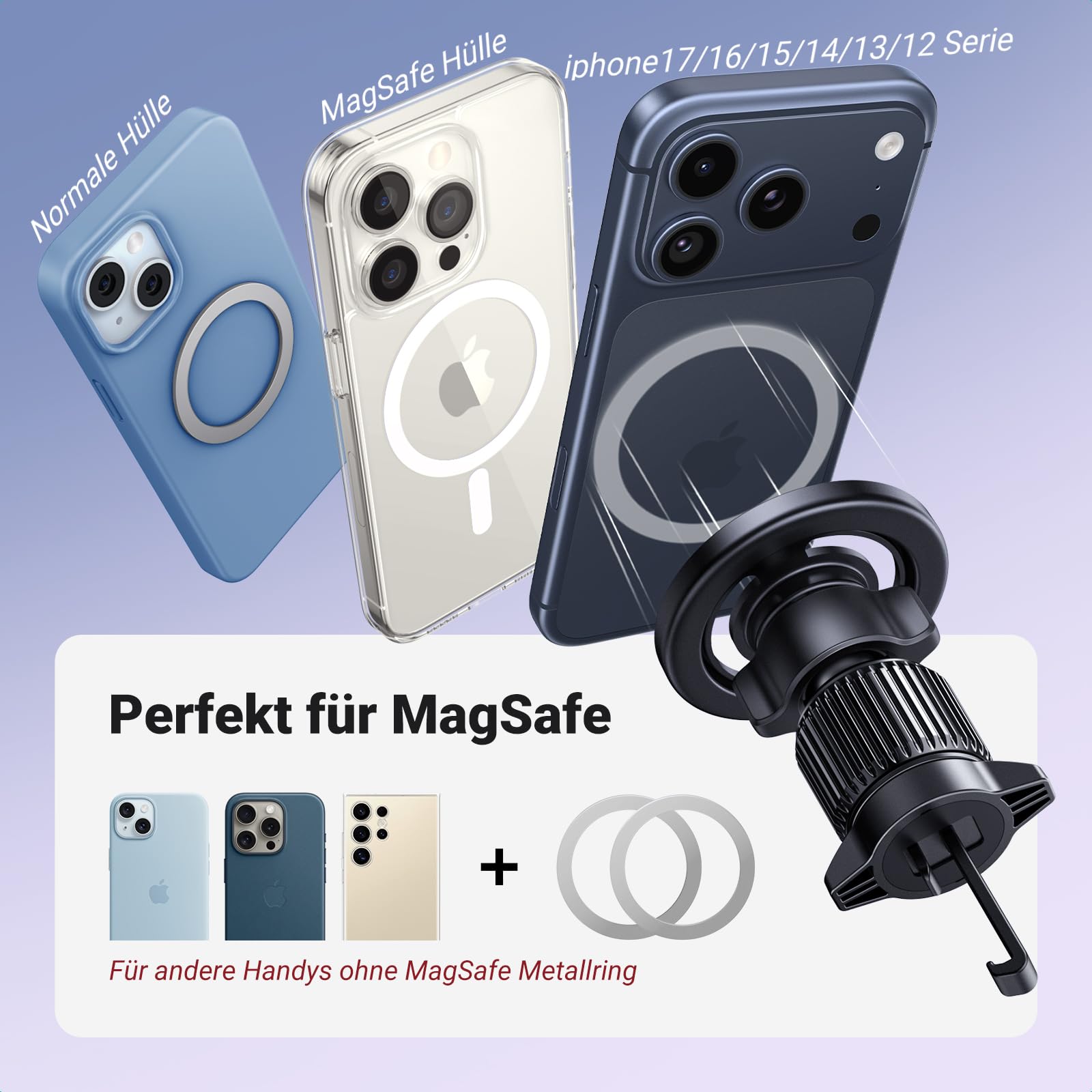 UGREEN Handyhalterung Auto für MagSafe mit 20*N52 Starker Magnet, MagSafe Autohalterung Stabil Lüftung KFZ Handyhalterung Kompatibel mit iPhone 17 16 15 14 13 12 Pro Max, MagSafe Hülle 5