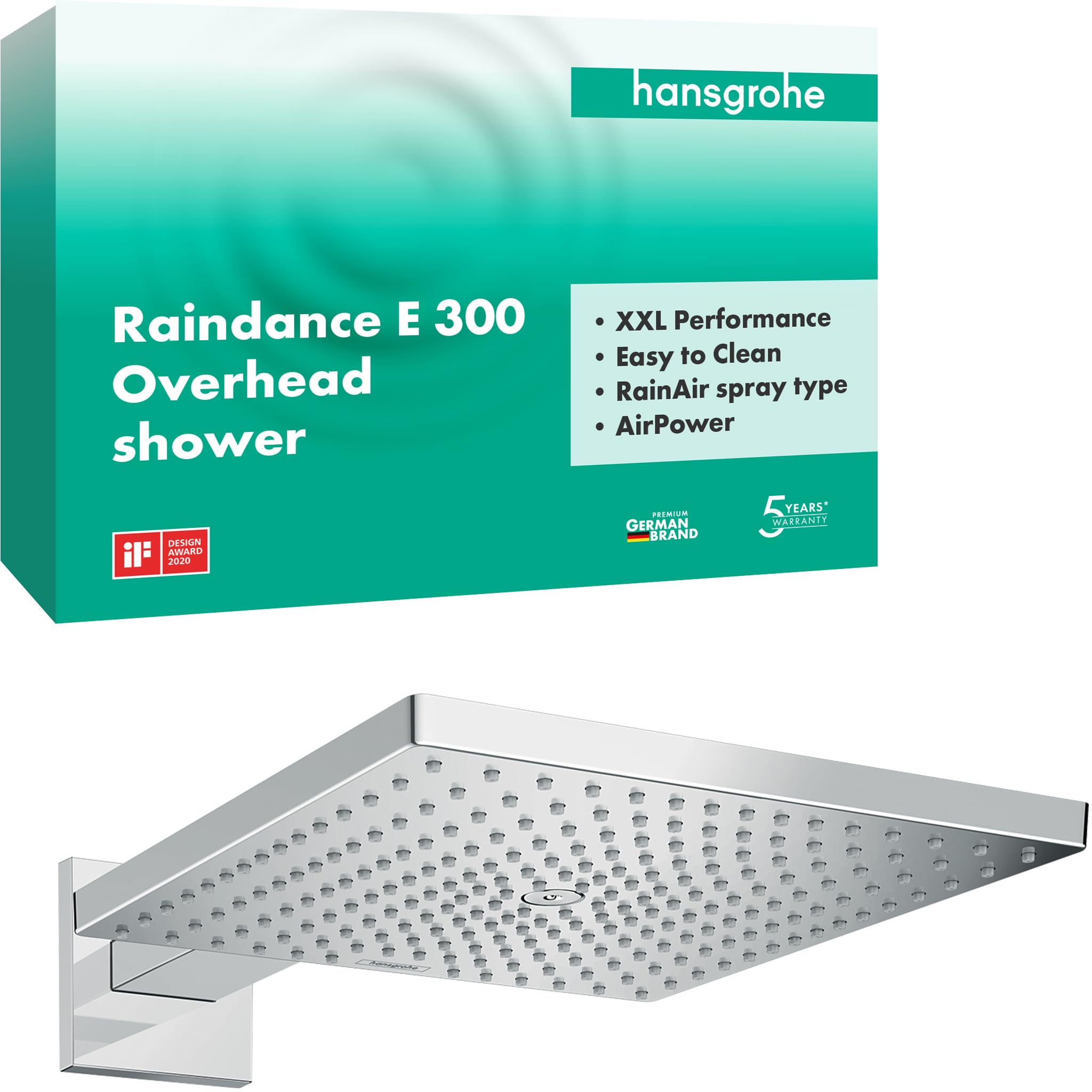 hansgrohe Raindance E 26238000 Shower Head with Shower Arm Square 300 mm 1 Jet Type Wall Mounted Shower Head with Anti-Limescale Function Chrome