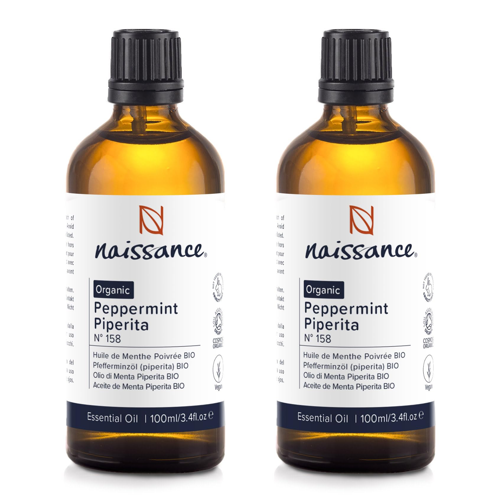 Naissance Organic Peppermint (Piperita) Essential Oil 200ml (2 x 100ml) - Pure, Certified Organic - for Aromatherapy, Massage Blend, Diffusers