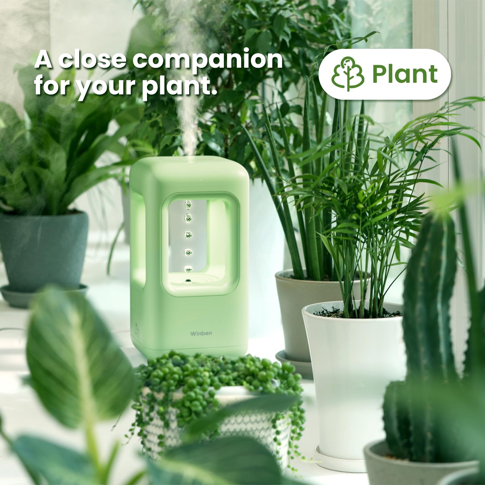 Winben Green Mini Humidifiers for Bedroom & Plants - Small Desktop Humidifier, Portable Cool Mist for Nightstand, Desk, Indoor Plants - Quiet Personal Humidifier (0.6L, Auto Shut-Off)