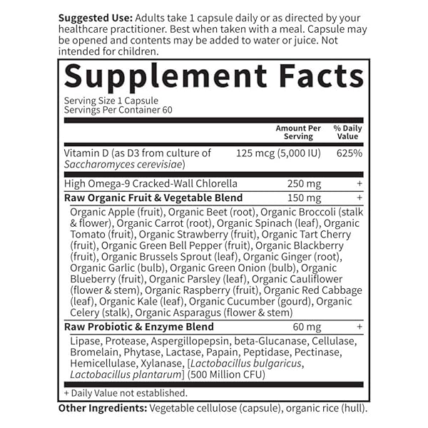 GARDEN OF LIFE VITAMIN D, VITAMIN CODE RAW D3, VITAMIN D 5,000 IU, RAW WHOLE FOOD SUPPLEMENTS WITH CHLORELLA, FRUIT, VEGGIES & PROBIOTICS FOR BONE & IMMUNE HEALTH, 60 VEGETARIAN CAPSULES