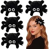 JazSwirl Spider Hair Clips for Women, 2" Black Plush Halloween Spider Hair Clips, 4 Pack Cute Creepy Spider Clips Hair Accessories for Halloween Party, Cosplay and Spooky Hair Decoration