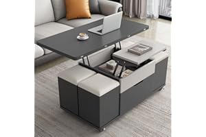 GraceNook Lift Top Coffee Table with 4 Seats, 3 in 1 Mutifunction Center Table, Coffee Table with Storage Lift Up Pu Stools,C