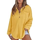 Astylish Women Waffle Knit Tops Henley Shirts Long Sleeve V Neck Solid Color Casual Tunic