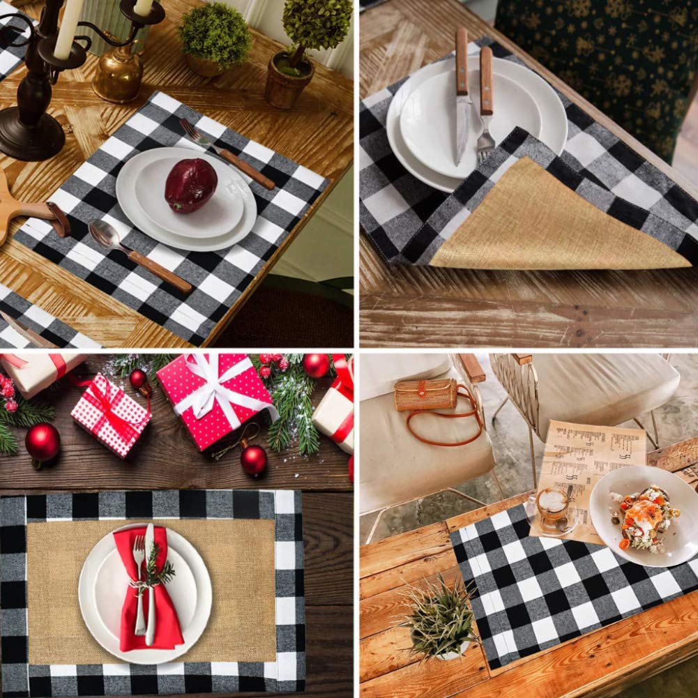 HAKACC 6 PCS Christmas Holiday Placemats Buffalo Plaid Placemats White Black Reversible Placemats for Christmas Holiday Birthday Party Table Home Decoration
