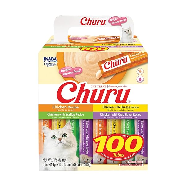 INABA CHURU CAT TREATS, LICKABLE, SQUEEZABLE CREAMY PURÉE WITH VITAMIN E, 0.5 OUNCES PER TUBE, 100 TUBES TOTAL, CHICKEN VARIETY