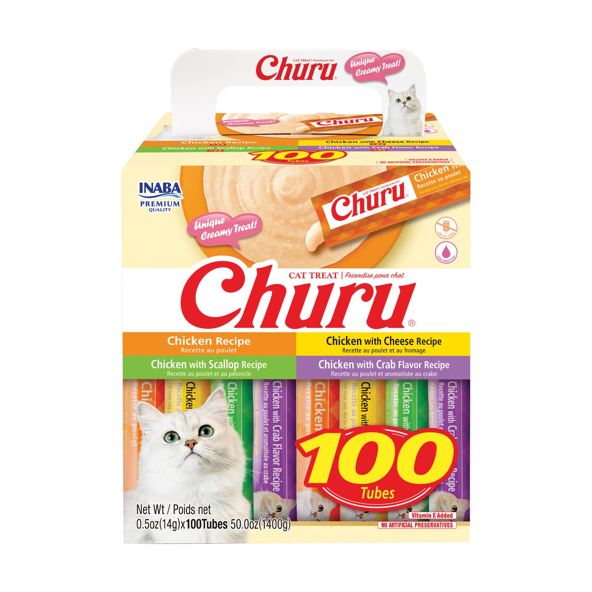 INABA Churu Cat Treats, Lickable, Squeezable Creamy Purée with Vitamin E, 0.5 Ounces per Tube, 100 Tubes Total, Chicken Variety Image
